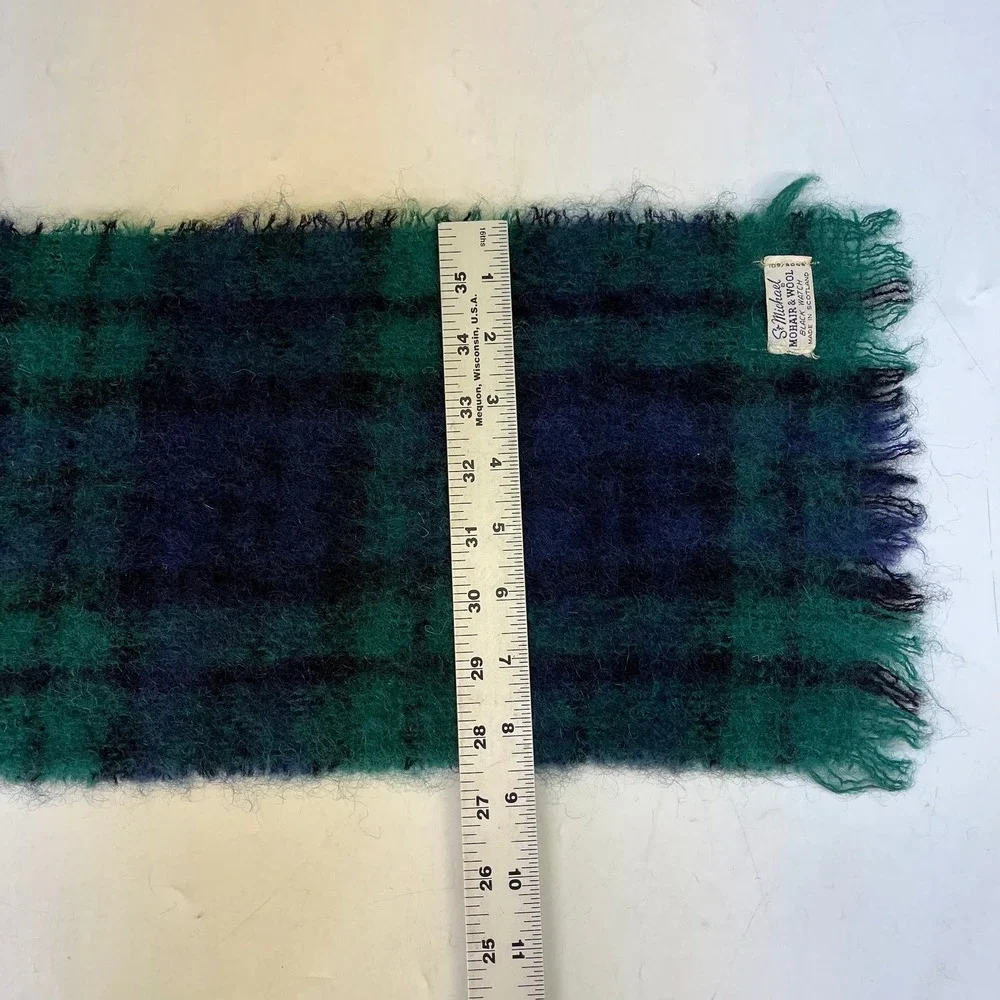 St Michael Mens Black Watch Tartan Mohair Wool Scarf Made in Scotland Green Blue